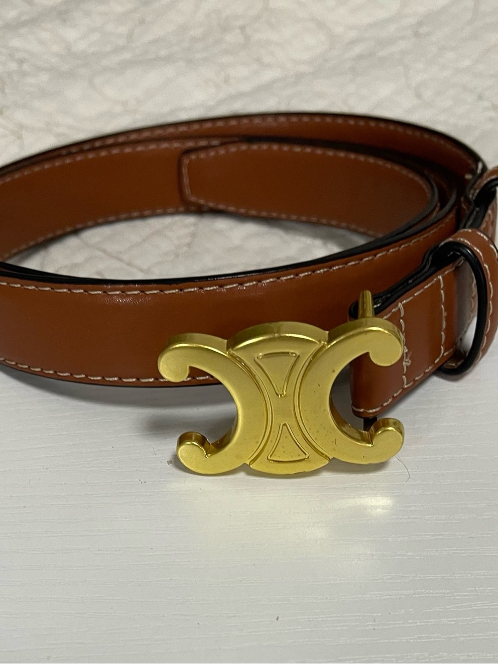 Tan Leather Women's Belt with Gold Double-Crescent Buckle - Picture 4 of 9